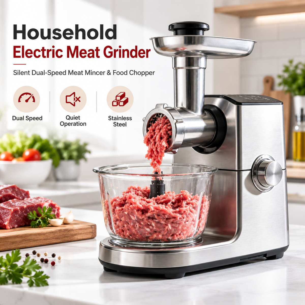 🥩 LESSYUEE Household Electric Meat Grinder ✨ Silent Dual-Speed Meat Mincer & Food Chopper | Stainless Steel Multifunctional Food Processor | Meat, Garlic, Chili & Vegetable Chopping Machine ⚙️