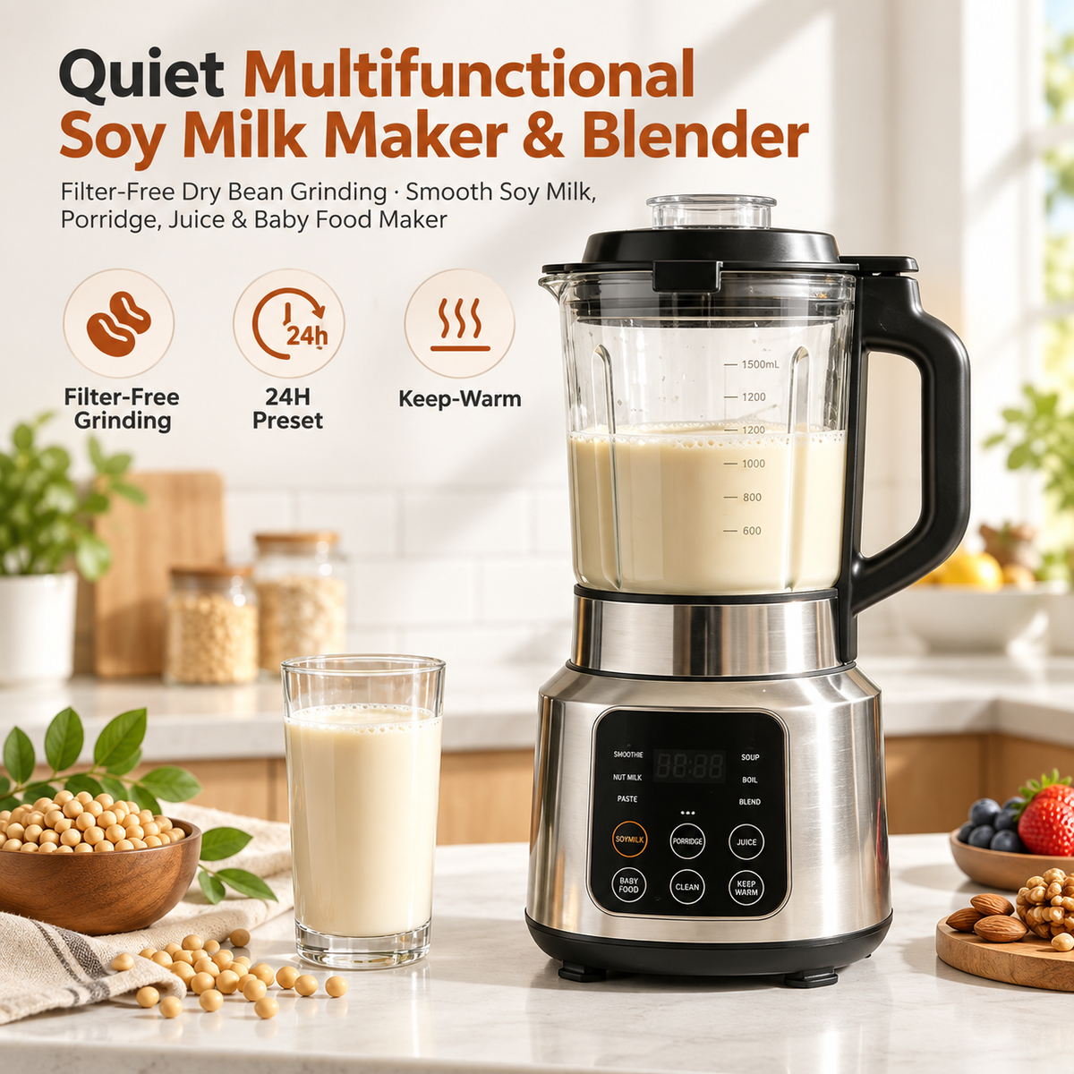 🥛✨ LESSYUEE Quiet Multifunctional Soy Milk Maker & Blender | Filter-Free Dry Bean Grinding | 24H Preset & Automatic Keep-Warm | Smooth Soy Milk, Porridge, Juice & Baby Food Maker | Self-Cleaning Easy-Use Design 🌿