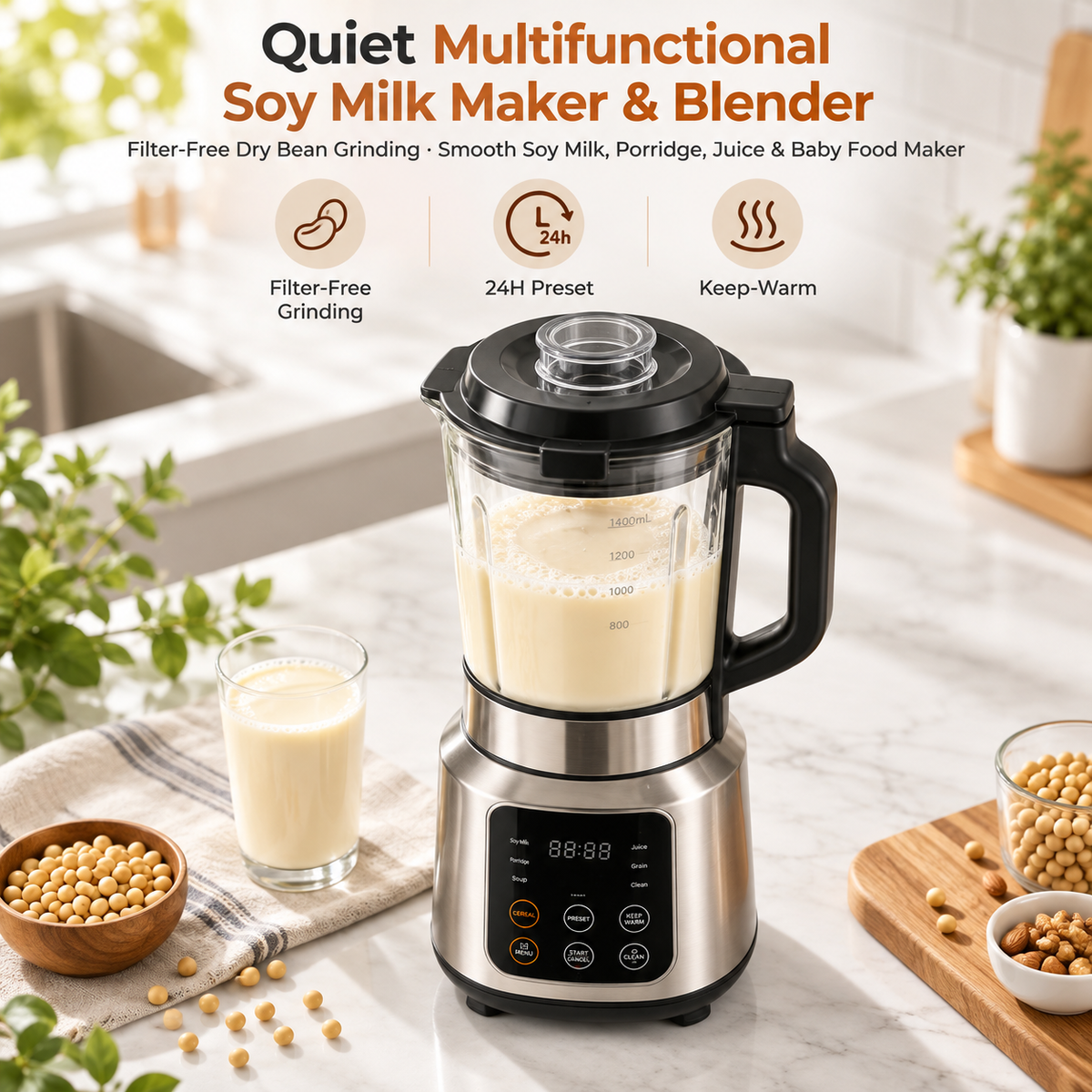 🥛✨ LESSYUEE Quiet Multifunctional Soy Milk Maker & Blender | Filter-Free Dry Bean Grinding | 24H Preset & Automatic Keep-Warm | Smooth Soy Milk, Porridge, Juice & Baby Food Maker | Self-Cleaning Easy-Use Design 🌿