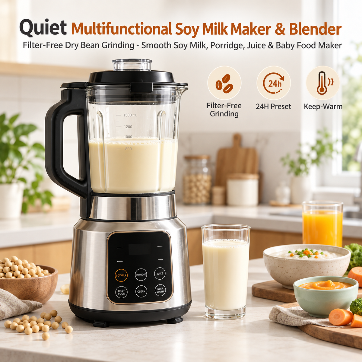 🥛✨ LESSYUEE Quiet Multifunctional Soy Milk Maker & Blender | Filter-Free Dry Bean Grinding | 24H Preset & Automatic Keep-Warm | Smooth Soy Milk, Porridge, Juice & Baby Food Maker | Self-Cleaning Easy-Use Design 🌿