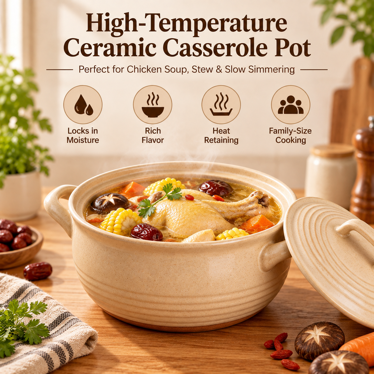 🍲✨ LESSYUEE High-Temperature Ceramic Casserole Pot | Healthy Multi-Purpose Earthen Cooking Pot | Slow Simmer, Stew & Soup Cooker | Heat-Retaining Design for Rich Flavor | Durable Everyday Kitchen Cookware