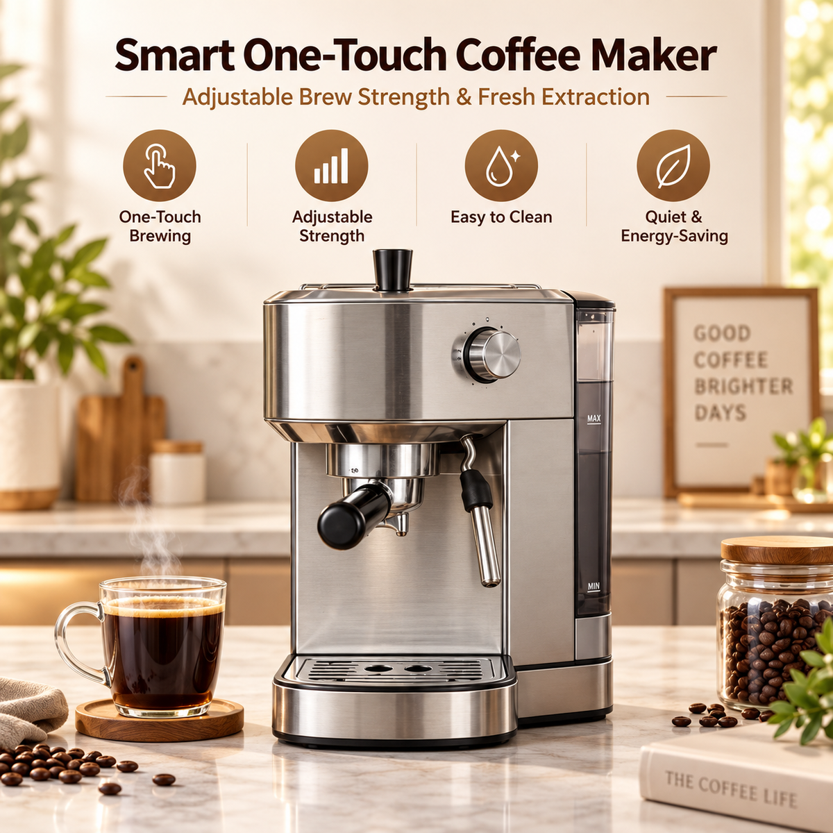 ☕✨ LESSYUEE Smart One-Touch Coffee Maker | Adjustable Brew Strength & Fresh Extraction | Removable Brewing Unit for Easy Cleaning | Quiet Energy-Saving Home & Office Coffee Machine | Simple Beginner-Friendly Design