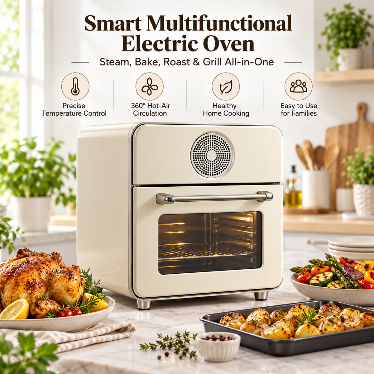 🍳✨ LESSYUEE Smart Multifunctional Electric Oven | 360° Hot-Air Convection & Precise Temperature Control | Steam, Bake, Roast & Grill All-in-One | Easy-Clean Interior | Healthy Home Cooking for Beginners & Families