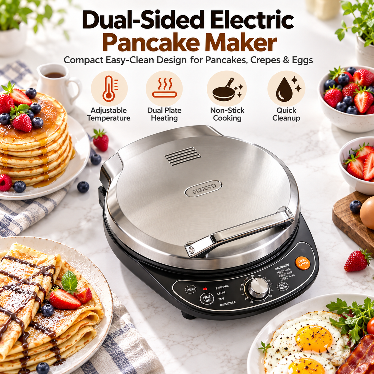 🥞✨ LESSYUEE Dual-Sided Electric Pancake Maker | Fast & Even Heating with Adjustable Temperature | Non-Stick Breakfast & Snack Cooker | Compact Easy-Clean Design for Pancakes, Crepes, Eggs & Everyday Home Cooking 🌿