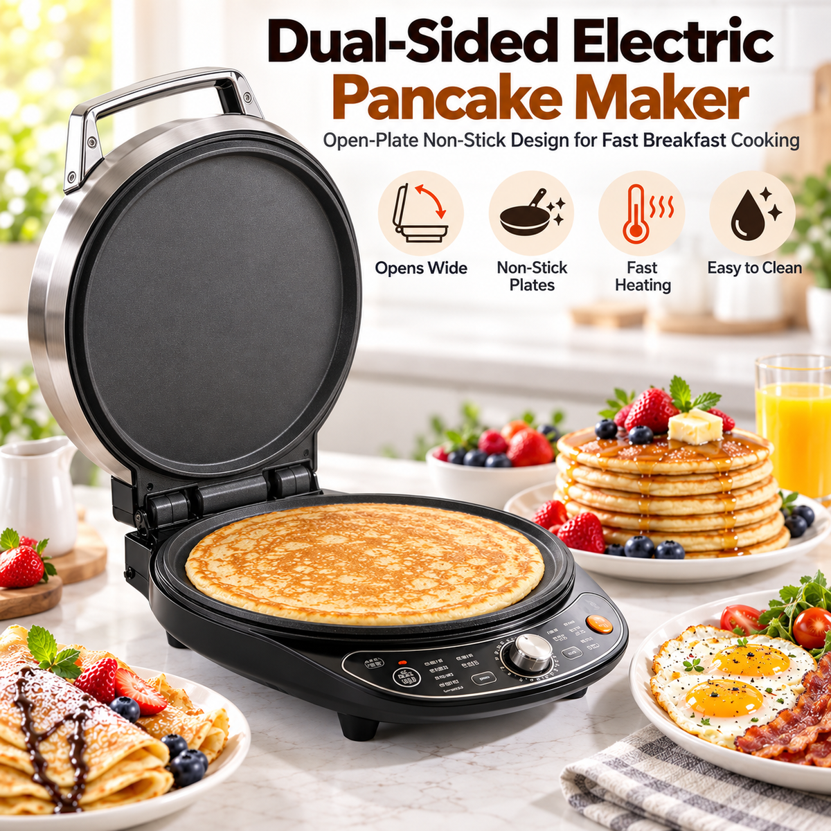 🥞✨ LESSYUEE Dual-Sided Electric Pancake Maker | Fast & Even Heating with Adjustable Temperature | Non-Stick Breakfast & Snack Cooker | Compact Easy-Clean Design for Pancakes, Crepes, Eggs & Everyday Home Cooking 🌿